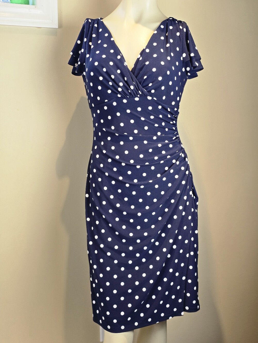 Lauren Ralph Lauren Navy Polka Dot Sheath Wrap Dress 10P Flutter Sleeve Ruched
